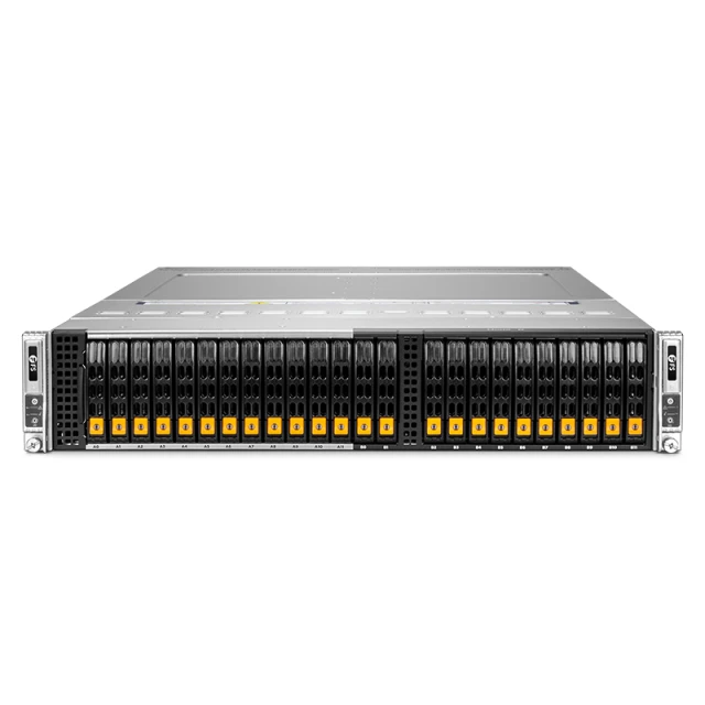 NS6240-V3, 2U Twin Server, Dual Socket Intel® Xeon® Scalable Processors Per Node, 2 x 32GB DRAM, 1 x 2.5" PCIe 5.0 SATA SSD Drive Bays, 1 x RJ45 1GbE Ports, 2200W Redundant